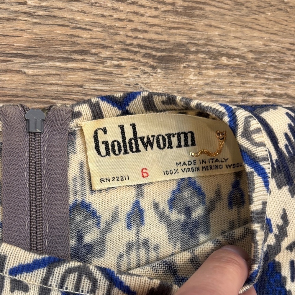 Vintage Goldworm Virgin Merino Wool Blue and Cream Patterned Dress Made In Italy - Picture 2 of 15
